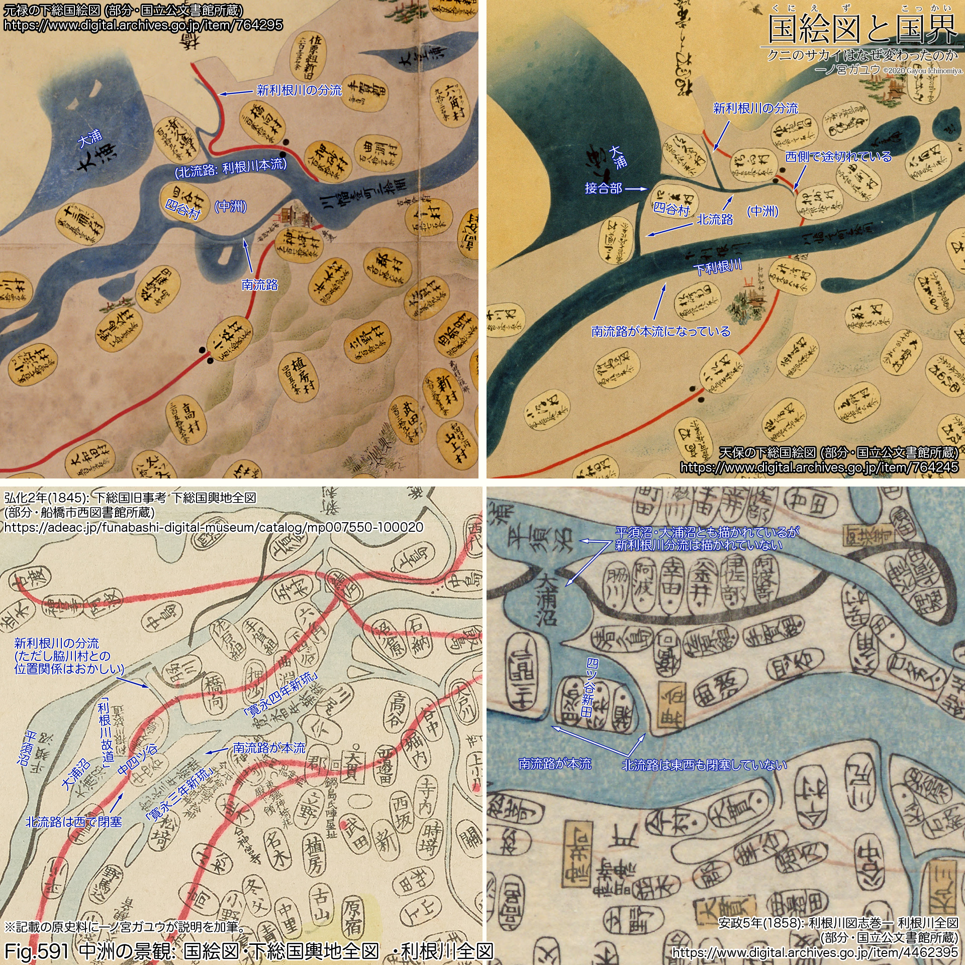 Fig.591: 中洲の景観: 国絵図・下総国輿地全図 ・利根川全図