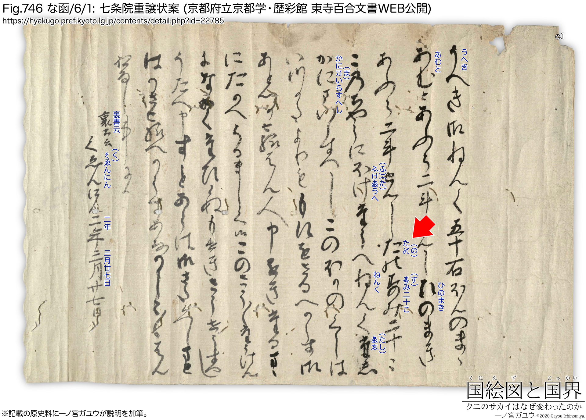 Fig.746 な函/6/1: 七条院重譲状案 (京都府立京都学・歴彩館 東寺百合文書WEB公開)