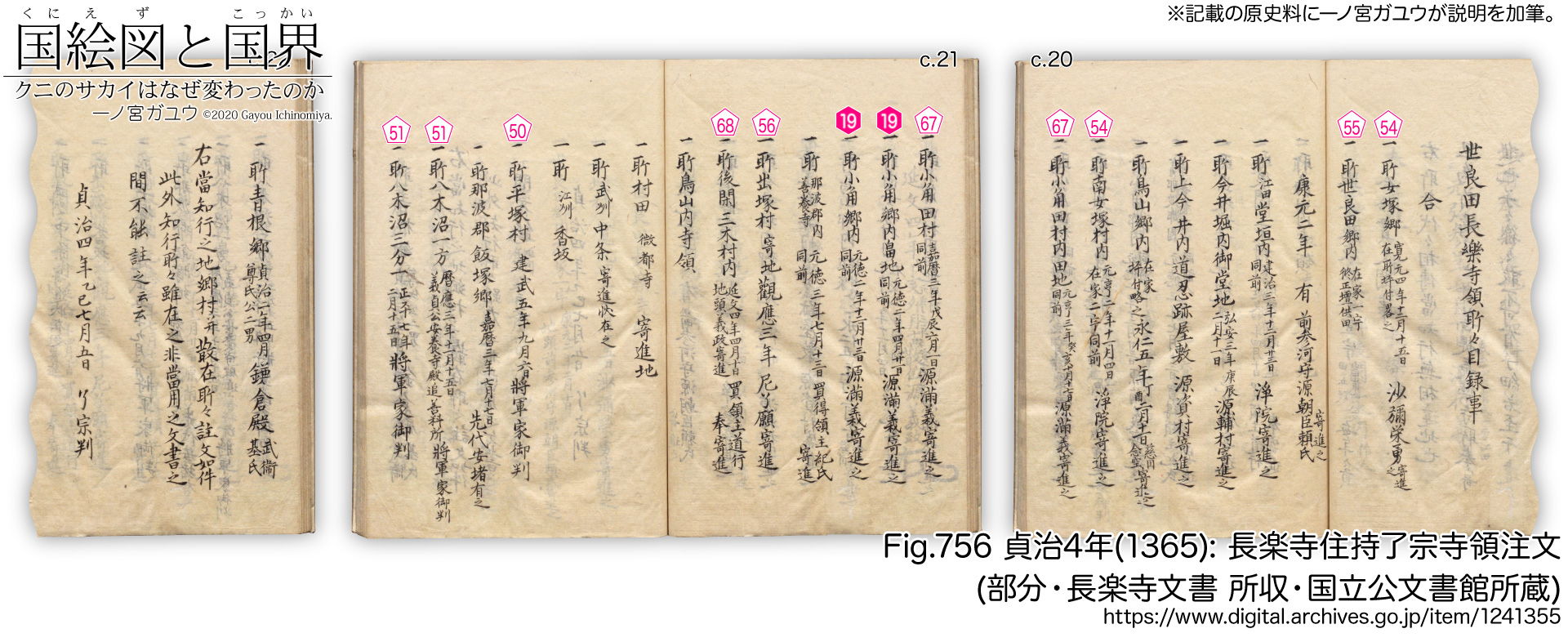Fig.756 貞治4年(1365): 長楽寺住持了宗寺領注文 (部分・長楽寺文書 所収・国立公文書館 所蔵)